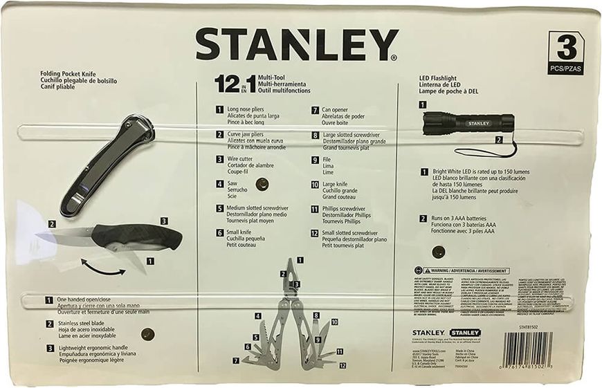 Универсальный инструмент MULTI-TOOL 12 в одном + складной карманный нож + фонарик STANLEY STHT81502-0 STHT81502-0 фото