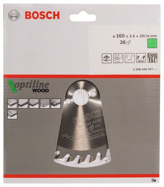 Пильний диск Bosch Optiline Wood 160×2,6×20, 36 AT (2608640597) 2608640597 фото